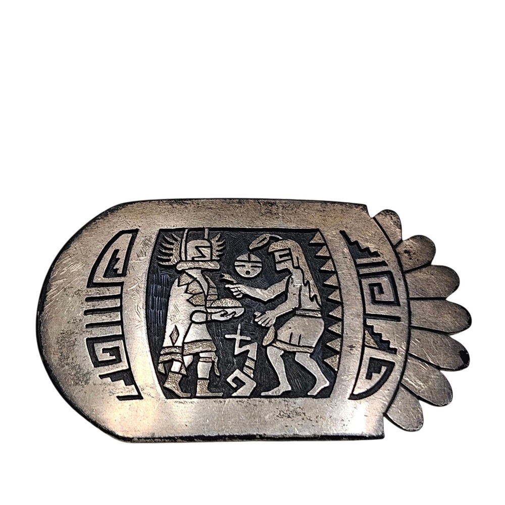 Vintage 70s Hopi‎ Sterling Silver Belt Buckle Native American Verden Mansfield
